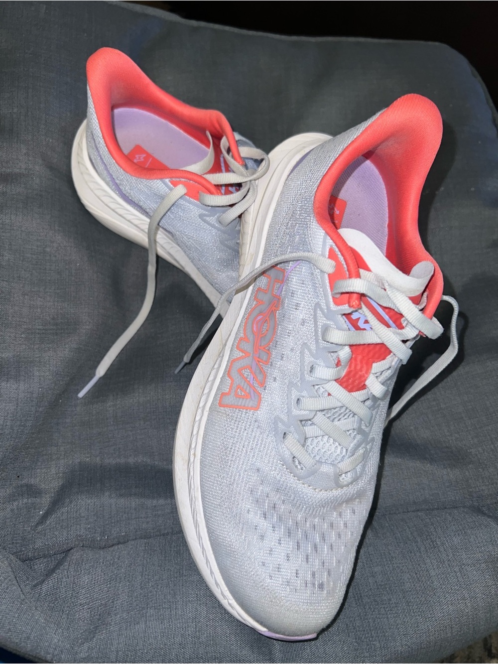 Hoka Women's Light Gray and Coral Performance Running Shoes